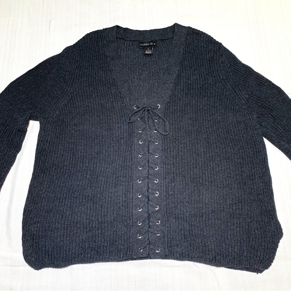 Dark Gray Lace Up V Neck Sweater Side Slit Cozy Knit Top Size XL Tunic Style